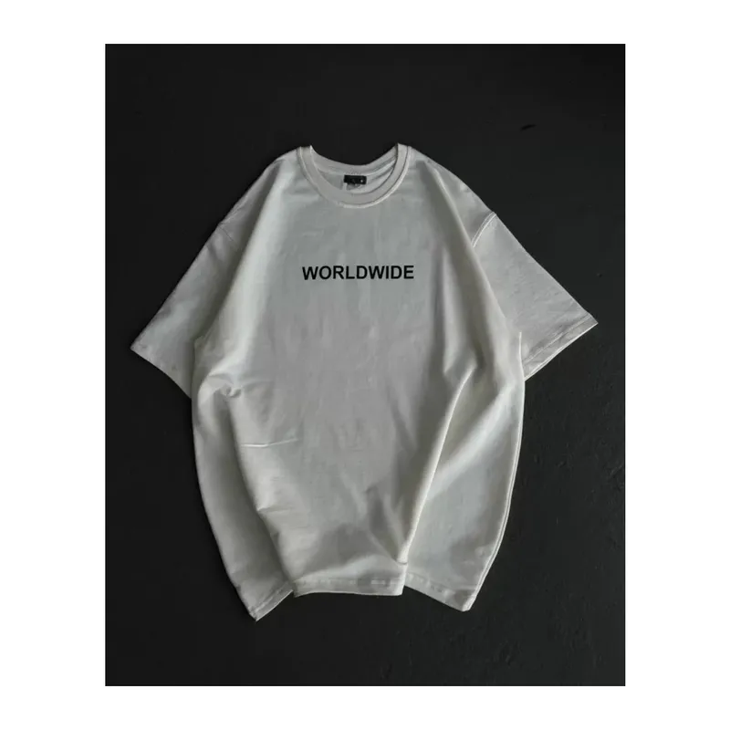 Unisex Bisiklet Yaka Baskılı Oversize T-Shirt - Beyaz