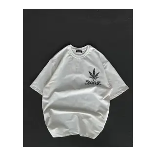 Unisex Bisiklet Yaka Baskılı Oversize T-Shirt - Beyaz