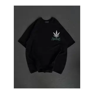 Unisex Bisiklet Yaka Baskılı Oversize T-Shirt - Siyah