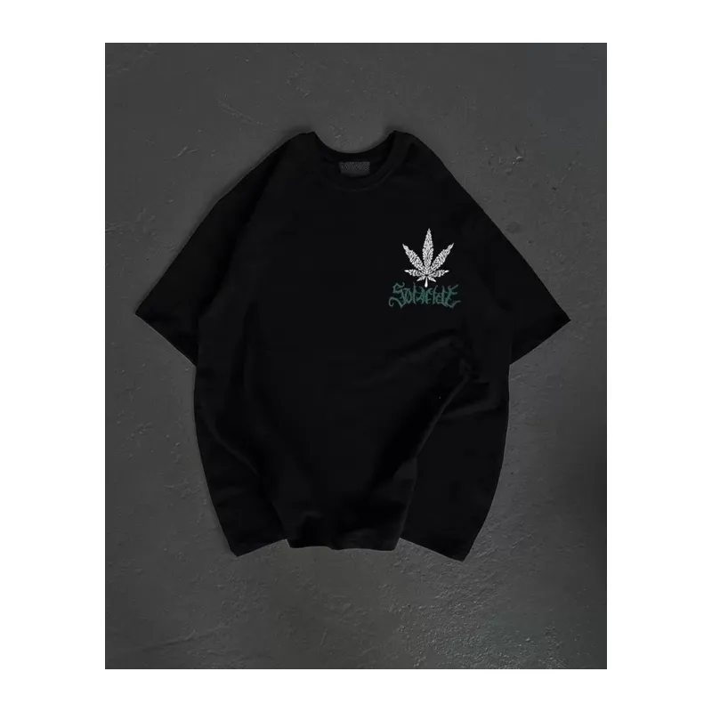 Unisex Bisiklet Yaka Baskılı Oversize T-Shirt - Siyah