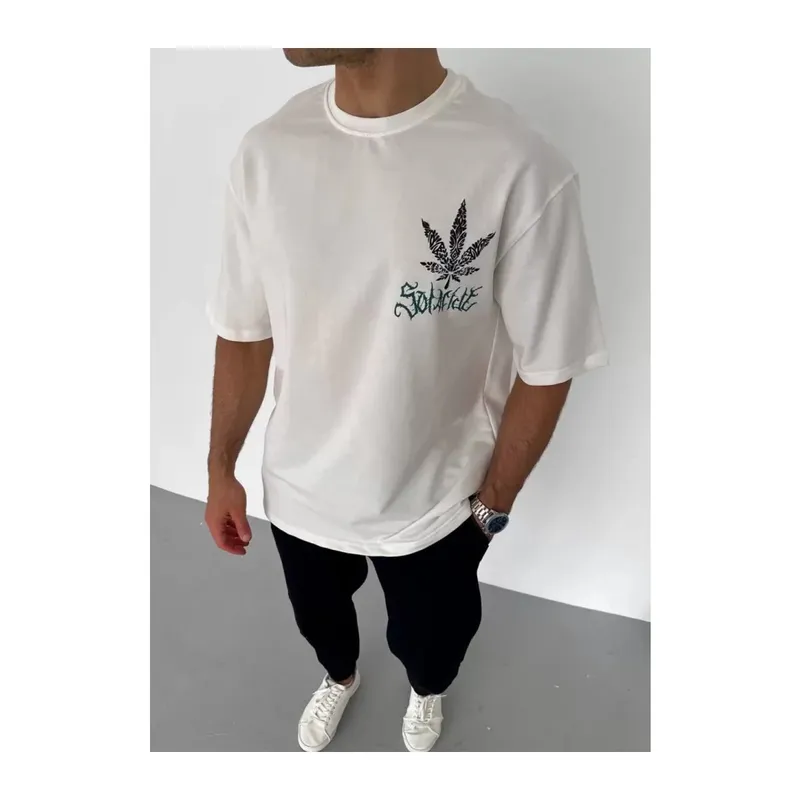 Unisex Bisiklet Yaka Baskılı Oversize T-Shirt - Beyaz
