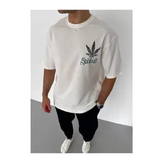 Unisex Bisiklet Yaka Baskılı Oversize T-Shirt - Beyaz