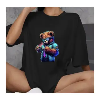 Unisex Bisiklet Yaka Baskılı Oversize T-Shirt - Siyah