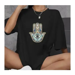 Unisex Bisiklet Yaka Baskılı Oversize T-Shirt - Siyah