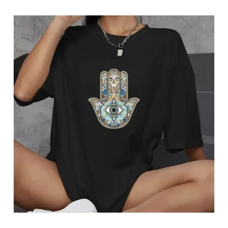 Unisex Bisiklet Yaka Baskılı Oversize T-Shirt - Siyah