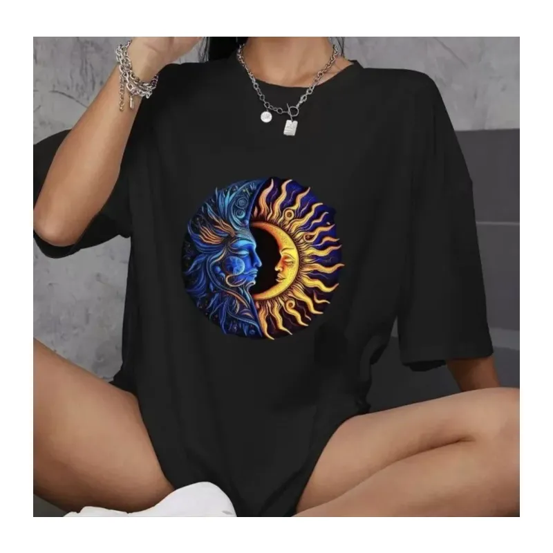 Unisex Bisiklet Yaka Baskılı Oversize T-Shirt - Siyah