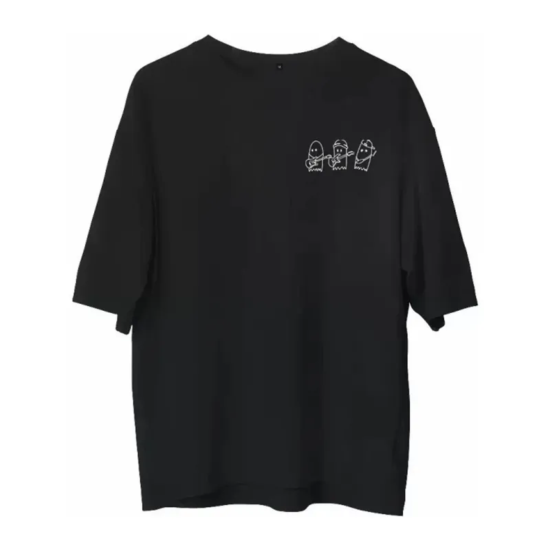 Unisex Bisiklet Yaka Baskılı Oversize T-Shirt - Siyah