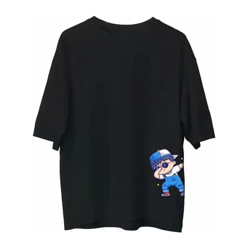 Unisex Bisiklet Yaka Baskılı Oversize T-Shirt - Siyah