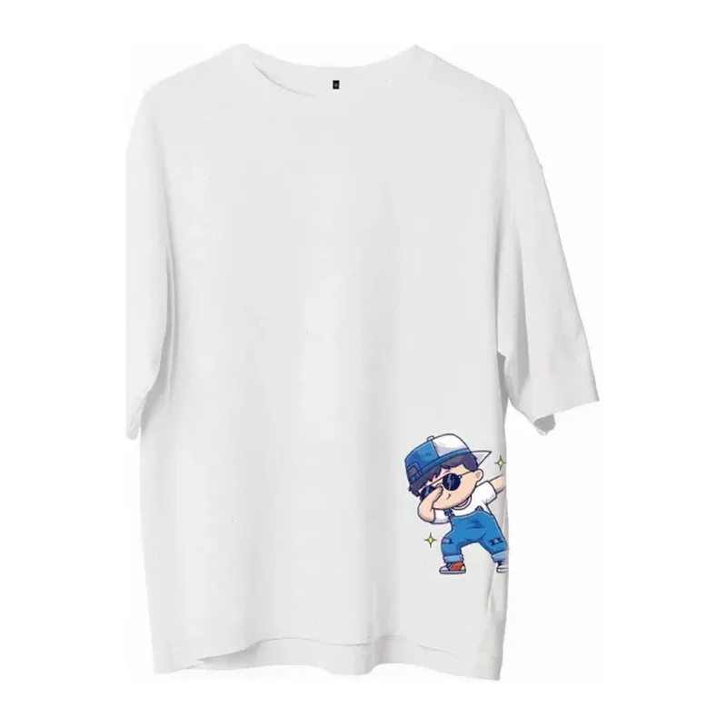Unisex Bisiklet Yaka Baskılı Oversize T-Shirt - Beyaz