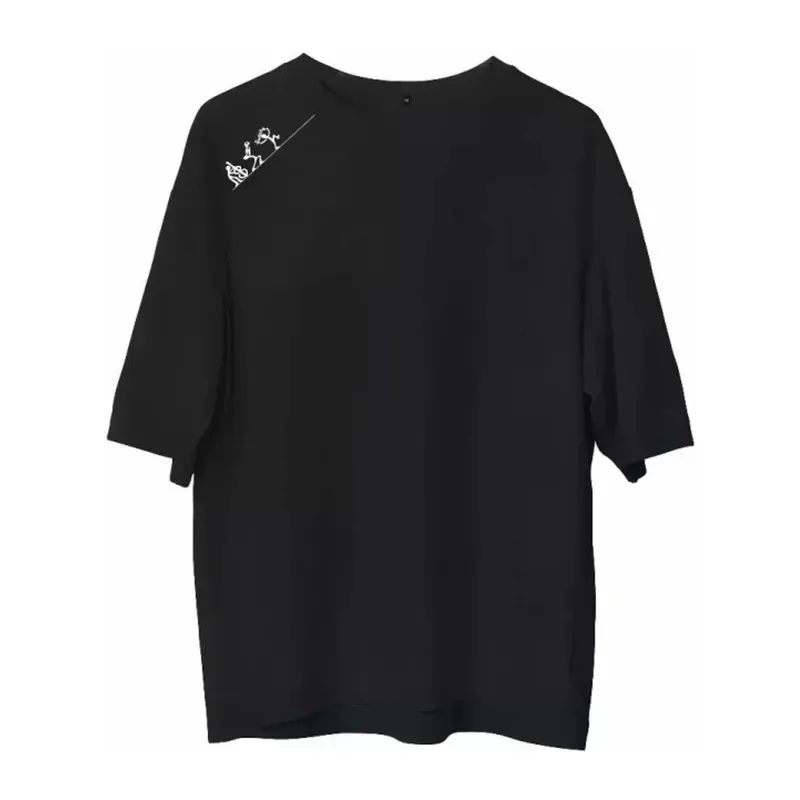 Unisex Bisiklet Yaka Baskılı Oversize T-Shirt - Siyah