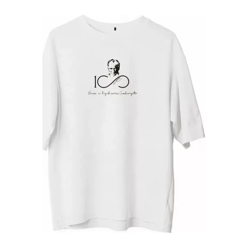 Unisex Bisiklet Yaka Baskılı Oversize T-Shirt - Beyaz