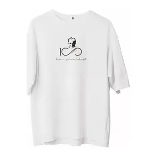 Unisex Bisiklet Yaka Baskılı Oversize T-Shirt - Beyaz