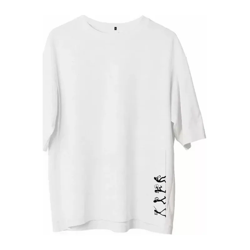 Unisex Bisiklet Yaka Baskılı Oversize T-Shirt - Beyaz
