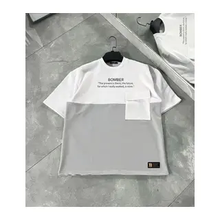 Unisex Torba Cep Detaylı Parçalı T-Shirt - Gri