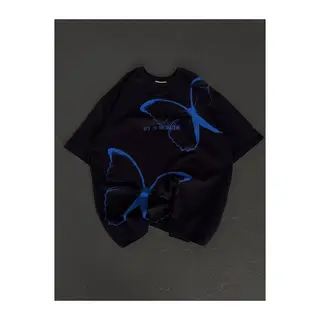 Unisex Bisiklet Yaka Baskılı Oversize T-Shirt - Siyah