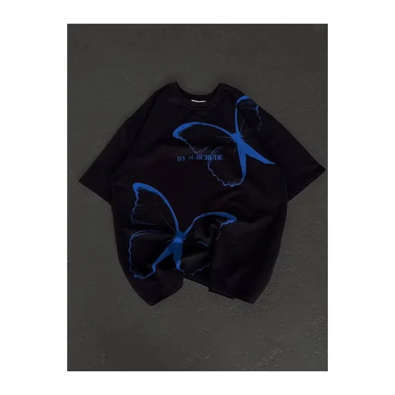 Unisex Bisiklet Yaka Baskılı Oversize T-Shirt - Siyah