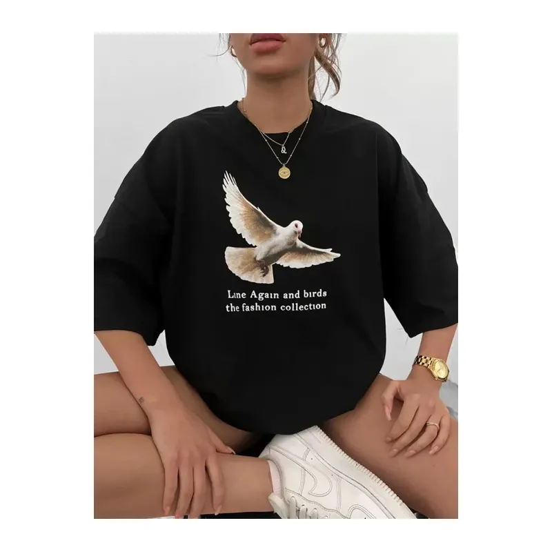 Unisex Bisiklet Yaka Baskılı Oversize T-Shirt - Siyah