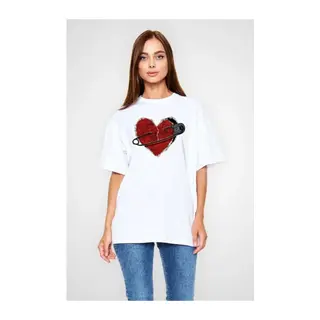 Unisex Bisiklet Yaka Baskılı Oversize T-Shirt - Beyaz