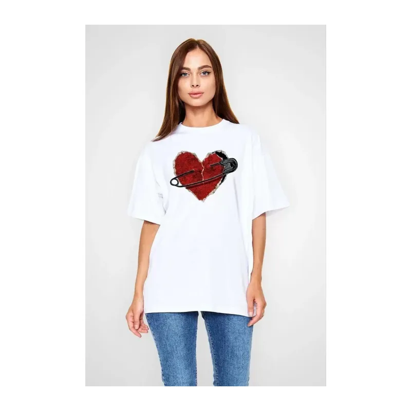 Unisex Bisiklet Yaka Baskılı Oversize T-Shirt - Beyaz