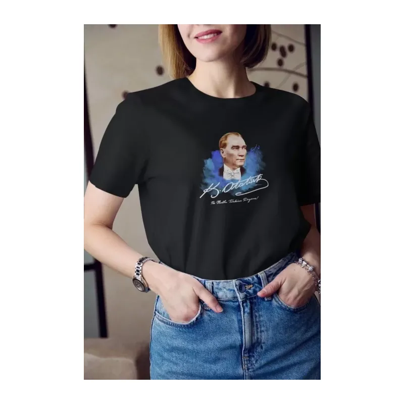 Unisex Bisiklet Yaka Baskılı Oversize T-Shirt - Siyah