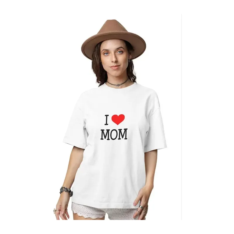 Unisex Bisiklet Yaka Baskılı Oversize T-Shirt - Beyaz