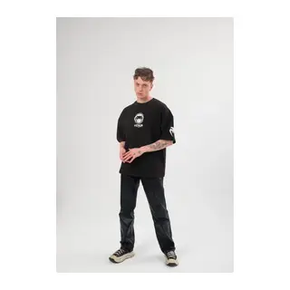 Unisex Bisiklet Yaka Baskılı Oversize T-Shirt - Siyah