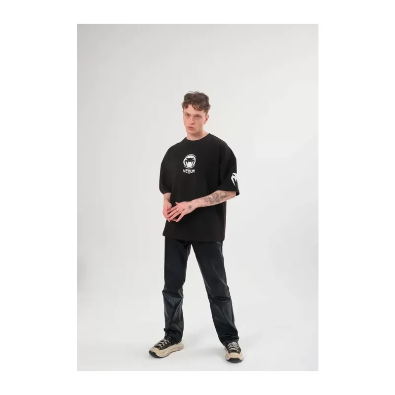 Unisex Bisiklet Yaka Baskılı Oversize T-Shirt - Siyah