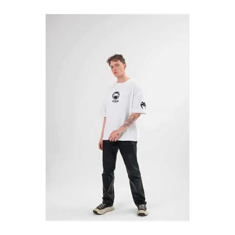 Unisex Bisiklet Yaka Baskılı Oversize T-Shirt - Beyaz