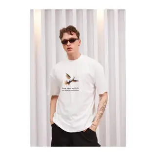 Unisex Bisiklet Yaka Baskılı Oversize T-Shirt - Siyah