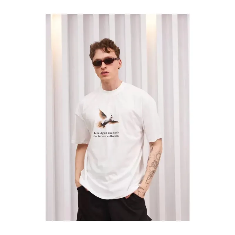 Unisex Bisiklet Yaka Baskılı Oversize T-Shirt - Siyah