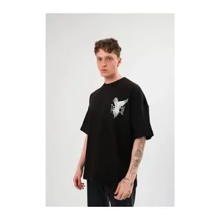 Unisex Bisiklet Yaka Baskılı Oversize T-Shirt - Siyah