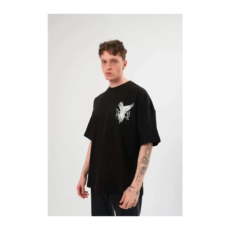 Unisex Bisiklet Yaka Baskılı Oversize T-Shirt - Siyah