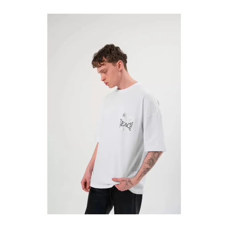 Unisex Bisiklet Yaka Baskılı Oversize T-Shirt - Beyaz