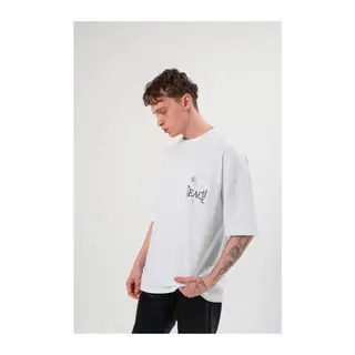 Unisex Bisiklet Yaka Baskılı Oversize T-Shirt - Beyaz