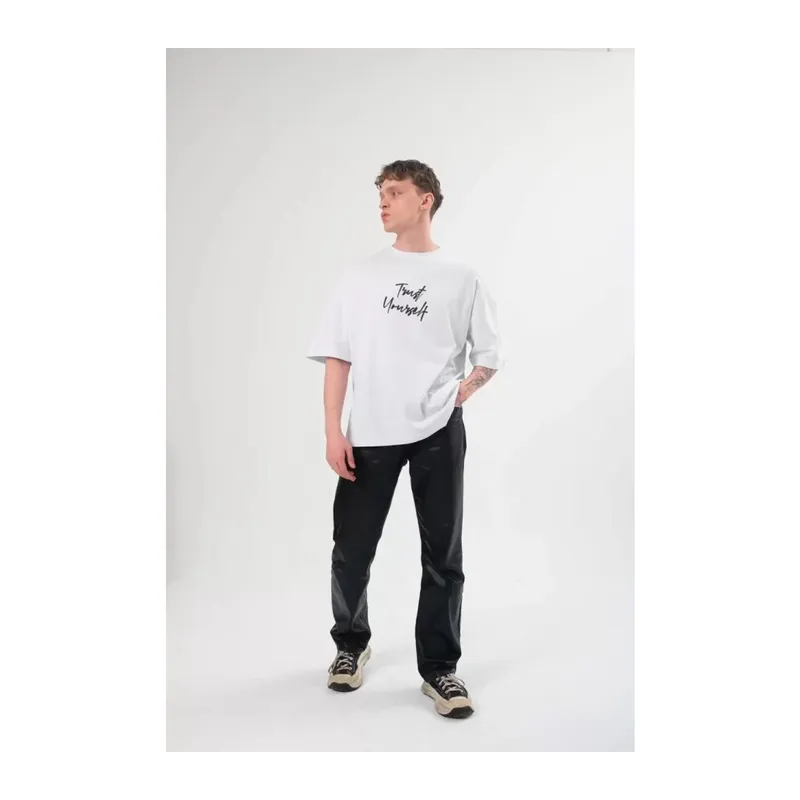 Unisex Bisiklet Yaka Baskılı Oversize T-Shirt - Beyaz