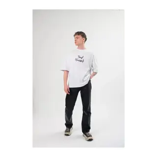 Unisex Bisiklet Yaka Baskılı Oversize T-Shirt - Beyaz