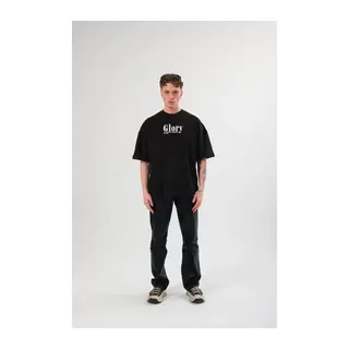 Unisex Bisiklet Yaka Baskılı Oversize T-Shirt - Siyah