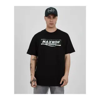 Unisex Bisiklet Yaka Baskılı Oversize T-Shirt - Siyah