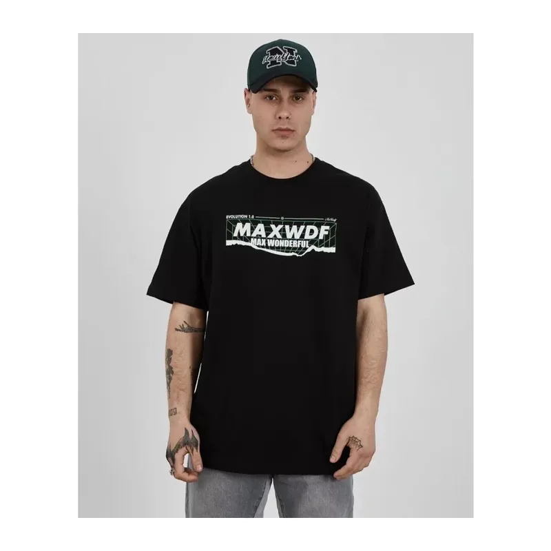 Unisex Bisiklet Yaka Baskılı Oversize T-Shirt - Siyah