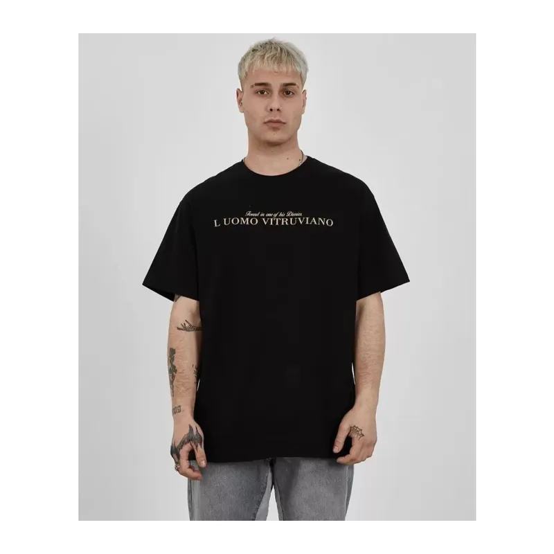 Unisex Bisiklet Yaka Baskılı Oversize T-Shirt - Siyah