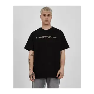 Unisex Bisiklet Yaka Baskılı Oversize T-Shirt - Siyah