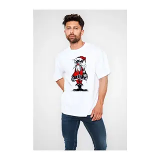 Unisex Bisiklet Yaka Baskılı Oversize T-Shirt - Beyaz