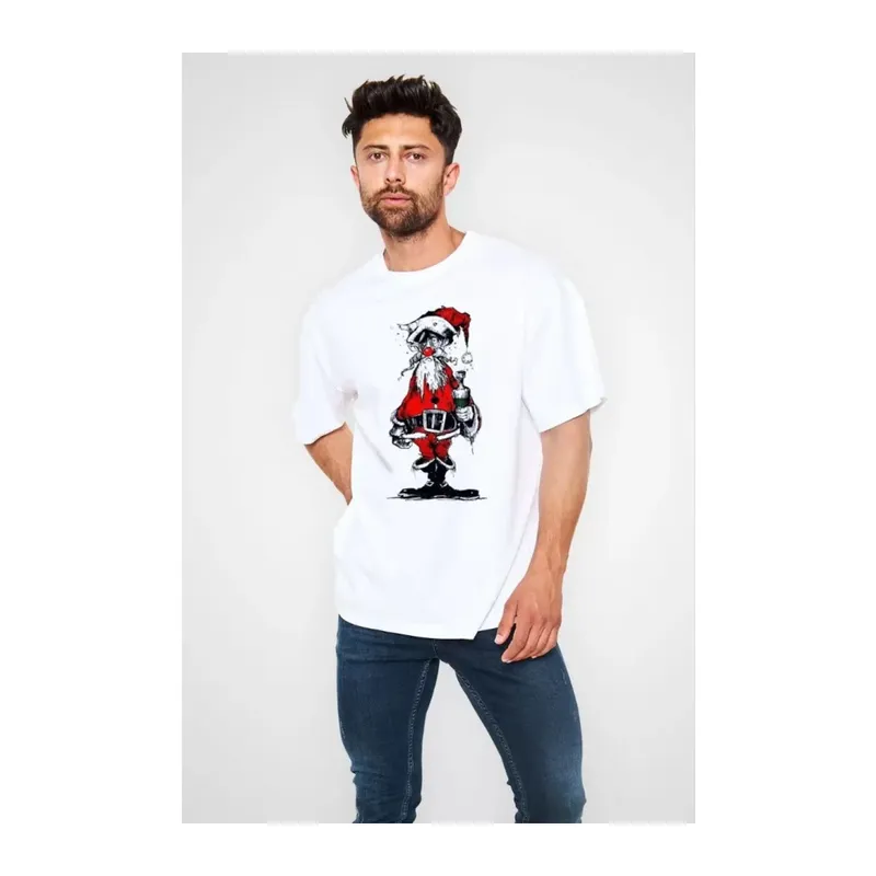 Unisex Bisiklet Yaka Baskılı Oversize T-Shirt - Beyaz
