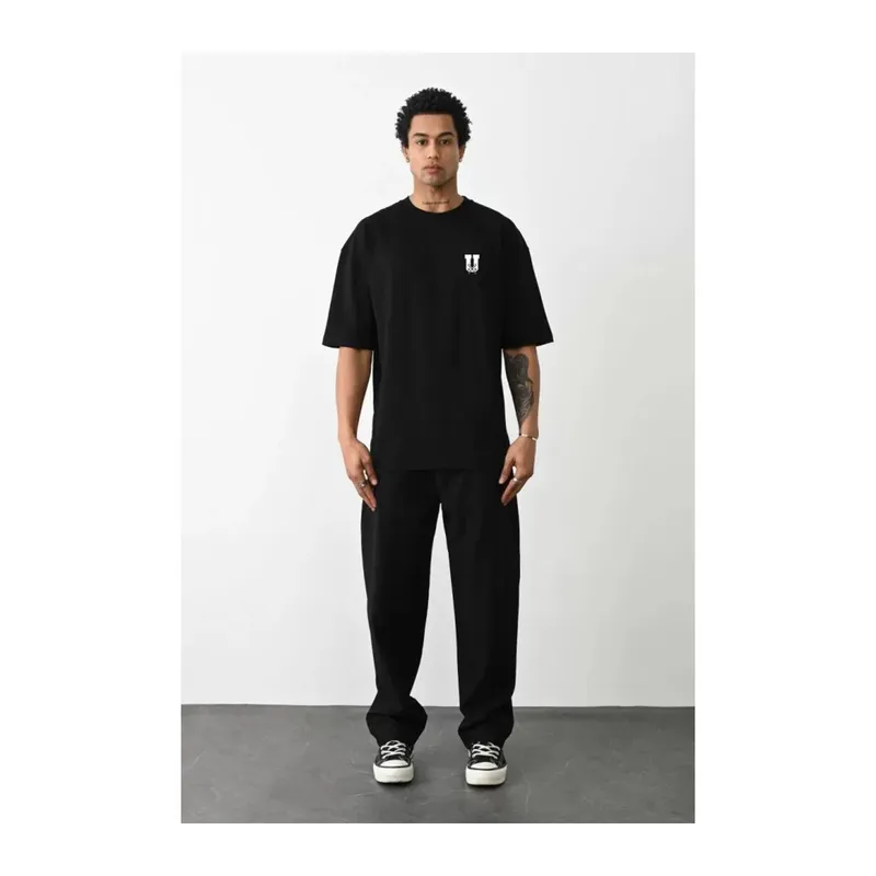 Unisex Bisiklet Yaka Baskılı Oversize T-Shirt - Siyah