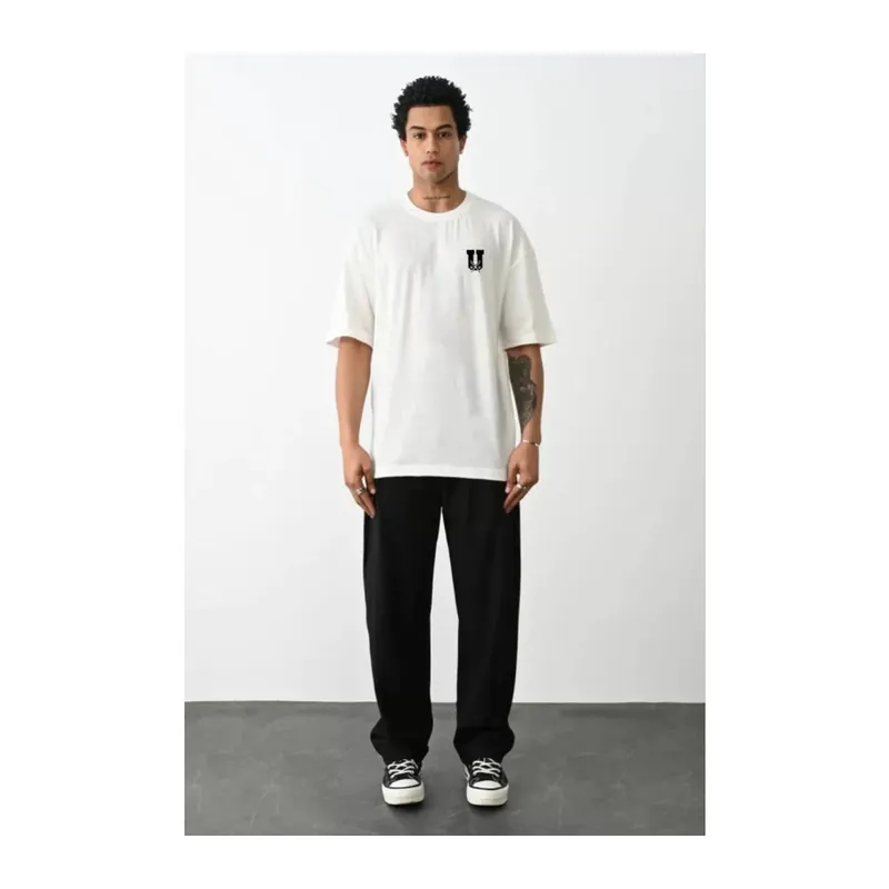 Unisex Bisiklet Yaka Baskılı Oversize T-Shirt - Beyaz