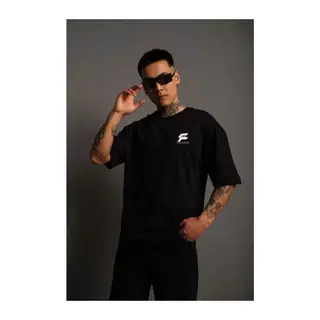 Unisex Bisiklet Yaka Baskılı Oversize T-Shirt - Siyah