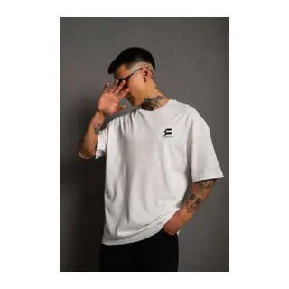 Unisex Bisiklet Yaka Baskılı Oversize T-Shirt - Beyaz