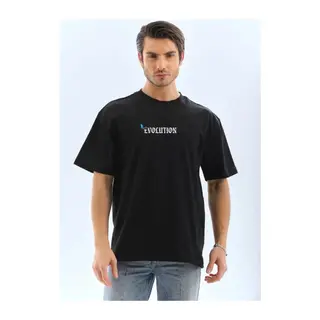 Unisex Bisiklet Yaka Baskılı Oversize T-Shirt - Siyah