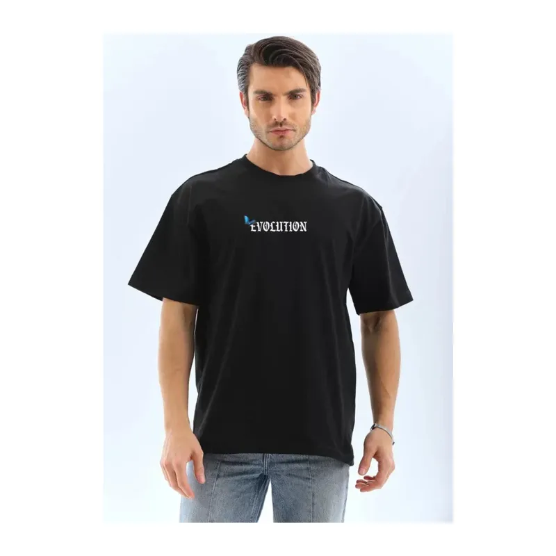 Unisex Bisiklet Yaka Baskılı Oversize T-Shirt - Siyah