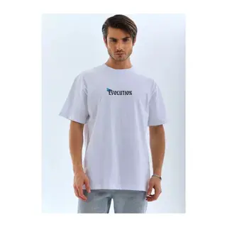 Unisex Bisiklet Yaka Baskılı Oversize T-Shirt - Beyaz